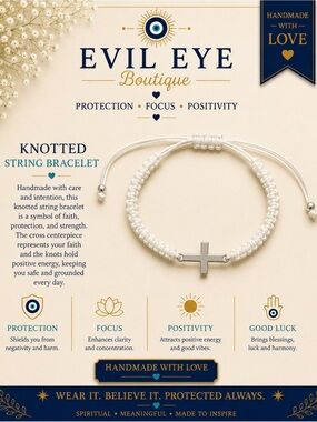 White Knotted String Bracelet with Silver Cross